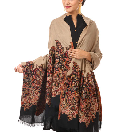Pashtush Women's Kashmiri Jamawar Shawl, Jacquard palla, Warm and soft, Faux Fine Wool (Black and beige)