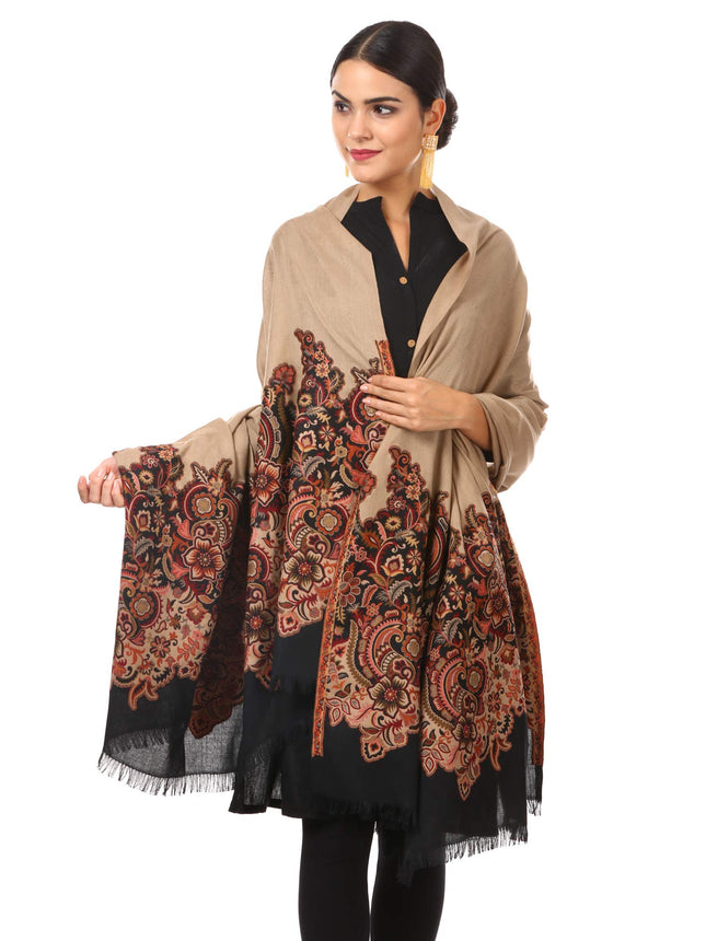 Pashtush Women's Kashmiri Jamawar Shawl, Jacquard palla, Warm and soft, Faux Fine Wool (Black and beige)