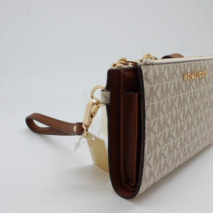Michael Kors Womens Jet Set Travel Double Zip Wristlet - Signature Pvc (Vanilla Pvc/Dark Acorn), Brown 