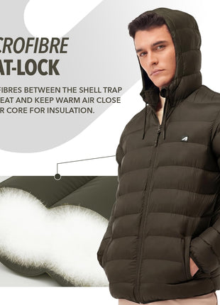 Boldfit Olive Puffer Jacket For Men Hooded Insulated Winter Jacket Size M