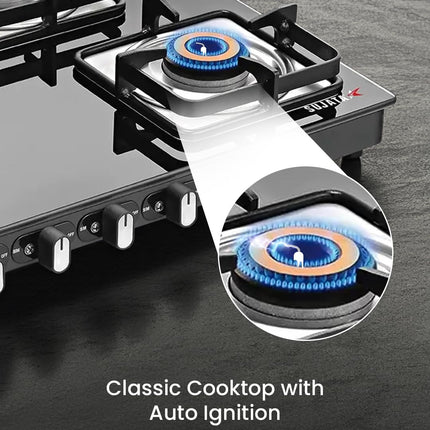 Sujata Classic Auto Ignition Gas Stove | 9 Years Warranty | 4 Burner Gas Stove Glass Top, SABAF, ISI Certified, LPG & PNG Compatible, Jumbo Brass Burner (Black) 