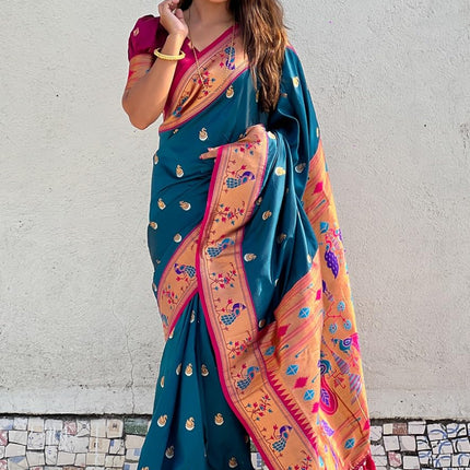 SGF11 Women's Kanjivaram Paithani Pure Soft Silk Saree For Womens With Unstitched Blouse Piece (Rama Blue) 