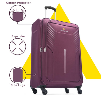 Aristocrat Skyway Large Size Soft Check in Luggage (79 cm) | Spacious Polyester Trolley with 4 Wheels and Combination Lock | Dazzling Maroon | Unisex| 5 Year Warranty 