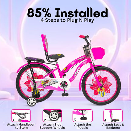 VESCO Super Girl 20T Cycle for Kids Girls with Balance Wheel & Back Carrier | Rigid Fork | Frame 12.5 Inch | Ideal for 6 to 9 Years Girls Kids Bike (Pink) 