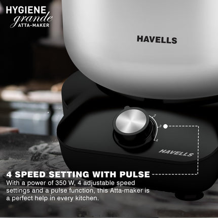Havells Hygiene Grande Atta Kneader Dough Maker with 5L SS Bowl, Up to 1 KG Dough Maker, 4 Speed, Aluminium Dough Hook, Transparent Anti Splatter Lid with Lock, Hands Free Operation, 2 Yr Warranty 