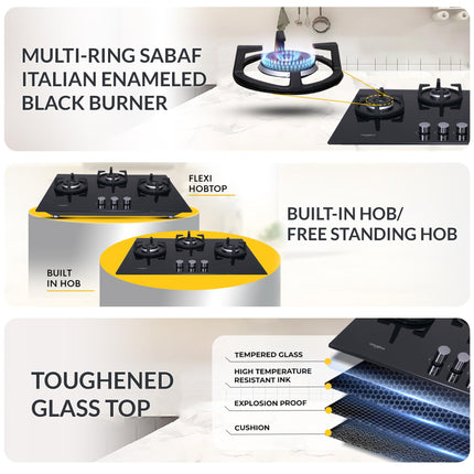 Whirlpool Hob 3 Burner Auto Ignition Gas Stove (Glass Ceramic, Elite Hybrid 703 Mt Gas Hob), Black 