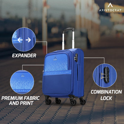 Aristocrat Drift Cabin Expander Trolley Bag 55cm | Small | Soft Luggage | Smooth 8-Wheel Suitcase | Secure Combination Lock with Sturdy Zipper | Robust Construction | 5-Year Warranty (Blue) 