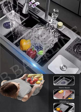 Kitchen Sink 35 Inch - SS 304 Grade Modular Kitchen Sink With Waterfall Pull Down Faucet | Single Bowl With RO-Water Purifier Tap | Fruit Basket & All Accessories (Black, Dustbin 35 X 18 X 9 Inch)