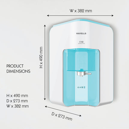 Havells Fab Alkaline Water Purifier (White & Sky Blue), RO+UV+Alkaline, Filter Alert, Copper+Zinc+Minerals, 7 Stage Purification, 7L Tank, Suitable for Borwell, Tanker & Municipal Water 