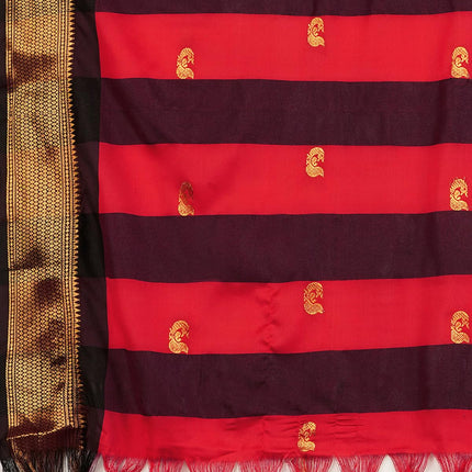 SWARON Women's Banarasi Jacquard Kanjivaram Silk Saree with Unstitched Blouse Piece (3743S111NW_Red & Dark Maroon) 