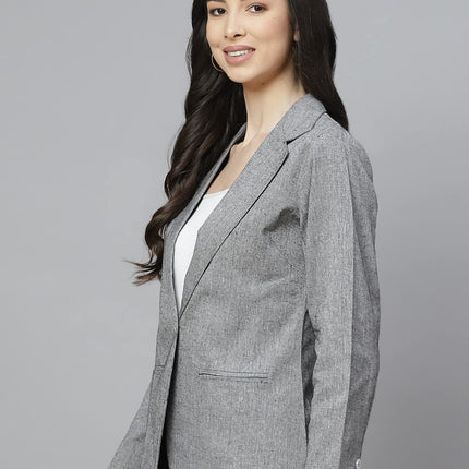 Women Grey Solid Regular Fit Single Breasted Blazer 