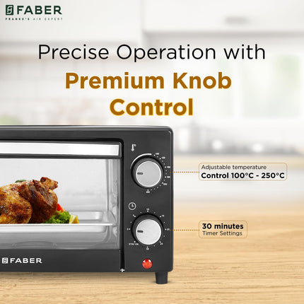 Faber 9L OTG | FOTG 9.0L Neo BK | Bake Tray, Crumb Tray, SS Wire Tray | Timer | Knob Control | Grill, Bake, Toast, Roast | 700W | Operation Indicator | 2 Year Warranty by Faber| Black 
