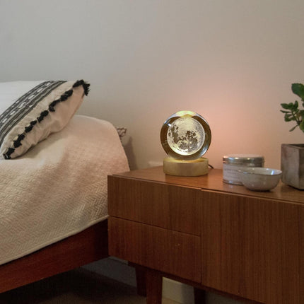 qbpatzwq 3D Galaxy Crystal Ball Night Light | Dimmable Engraved LED Glass Ball Table Lamp with USB and Wooden Base for Home Decor, Office, Birthday Gift & Kids Bedroom (Moon) 