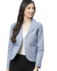 Women Blue Pure Cotton Blazer with Shawl Collar 