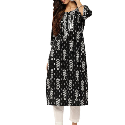 Libas Women's Cotton Embellished Straight Kurta (26185_Black 