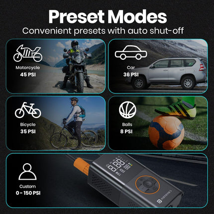 Portronics Vayu 3.0 tyre Inflator with 150 PSI Pressure, 4000 mAh Battery, Digital Display, Pressure Detection, Air Pump Compressor for Cars, Bikes, Bicycles & Balls(Black) 