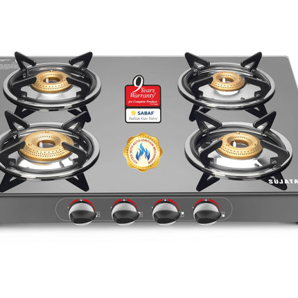 Sujata Standard Auto Ignition Gas Stove 4 Burners | 9 Years Warranty | 4 Burner Gas Stove Glass Top, Stove 4 Burner, ISI Certified, SABAF Valve, LPG & PNG Compatible, 360° Rotating Nozzle (Black) 