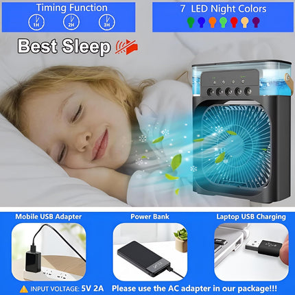 Portable-Air-Conditioner-Small-Ac-Quaite-Personal-Air-cooler-Usb-Power-Mini-Desktop-Cooling-Misting-fan-1/2/3-Timer-With-speed-360-Adjustable-Tap-For-Office-Room-Desk-Water-Tank-Home-Kitchen 