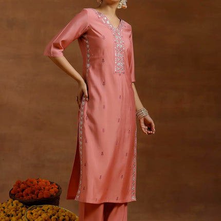 Libas Women's Silk Blend Kurta Sets (GS933_Peach_L) 