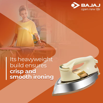 Bajaj DHX-9 1000W Heavy Weight Dry Iron with Advance Soleplate and Anti-Bacterial German Coating Technology, Ivory 