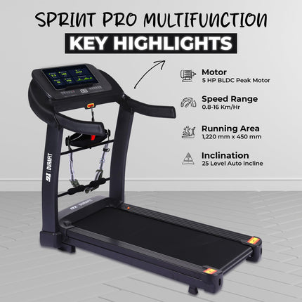 91-Durafit Sprint Pro Multifunction 5 HP Peak BLDC Motorized | 25 Level Auto Incline |16 Km/Hr Max Speed | 140 Kg User Weight | Free (DIY) Installation Assistance 