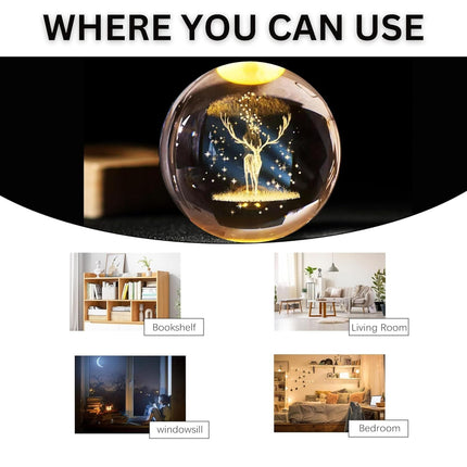 inulec 3D Galaxy Crystal Ball Night Light | Dimmable Engraved LED Glass Ball Table Lamp with USB and Wooden Base for Home Decor, Office, Birthday Gift & Kids Bedroom, 3D Galaxy Lamp Ball (Deer) 