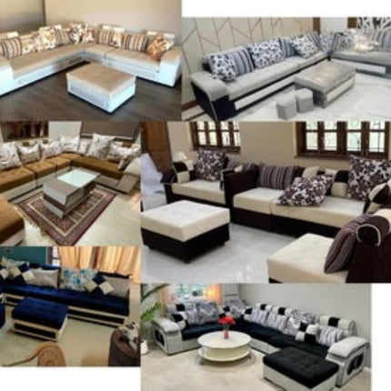Torque - Silvester 12 Seater U Shaped Sofa for Living Room (Left Side, Beige & White) | Large 12-Seater Couch Set with Cushion and Stool | Fabric Sofa for Hall Festival Gifts 