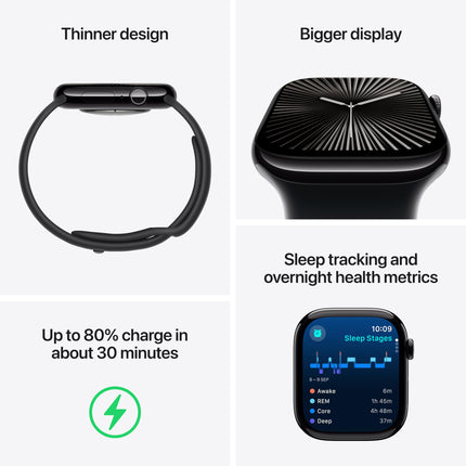 Apple Watch Series 10 [GPS 42 mm] Smartwatch with Jet Black Aluminium Case with Black Sport Band - S/M. Fitness Tracker, ECG App, Always-On Retina Display, Water Resistant 