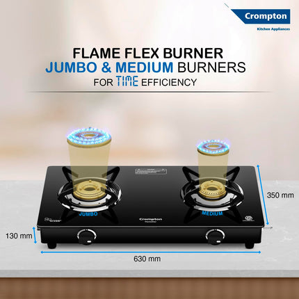 Crompton FlameStar 2 Burner Glass Top LPG Gas Stove | 1 Jumbo & 1 Medium Brass Burner | Max Space | Easy Cleaning | Toughened Glass | Tri Pin Burners | 2 Year Manufacturer's Warranty 