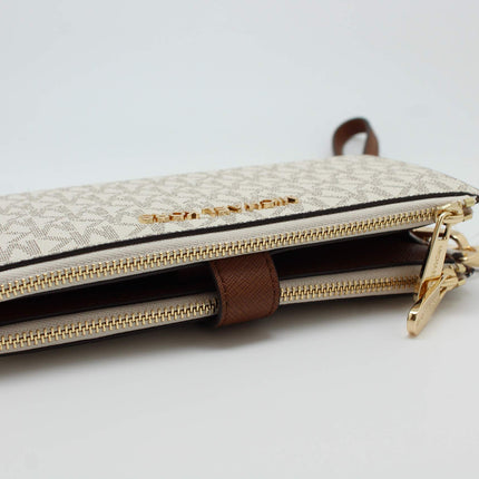 Michael Kors Womens Jet Set Travel Double Zip Wristlet - Signature Pvc (Vanilla Pvc/Dark Acorn), Brown 