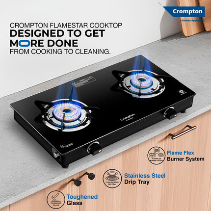Crompton FlameStar 2 Burner Glass Top LPG Gas Stove | 1 Jumbo & 1 Medium Brass Burner | Max Space | Easy Cleaning | Toughened Glass | Tri Pin Burners | 2 Year Manufacturer's Warranty 