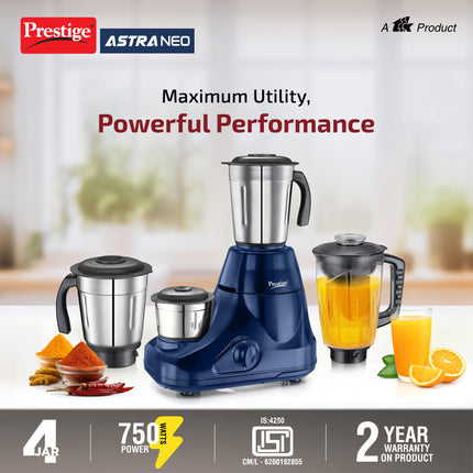 Prestige 750W Astra Neo Mixer Grinder with 4 Jars(3 Stainless Steel Jars,1 Juicer Jar)|1500ml wet Jar,1000ml dry jar,1500ml juice jar,300ml chutney jar|Stacking space for storage|2Y product warranty 