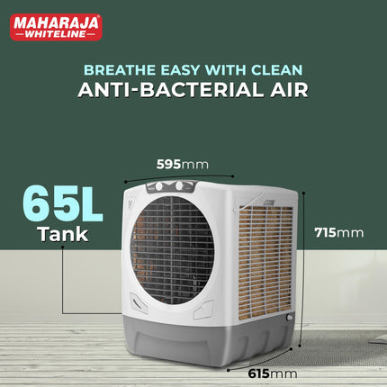 Maharaja Whiteline Rambo Grey Desert Air Cooler | 65 Lt Water Tank | Inverter Compatible | Wood Wool Pads | Anti-Bacterial tank | Dry Run protected submersible pump |720x730x890 mm | 2 Yr Warranty 