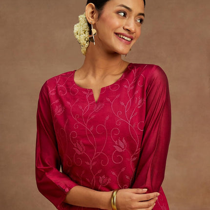 Libas Women's Chanderi Silk Embroidered Straight Kurta (58009_Hot Pink 