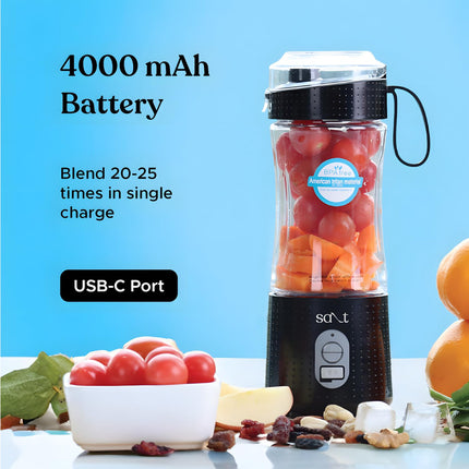 Salt PureBlend Sport Portable Blender for Smoothies, Protein Shakes, Crushing Ice | Sipper Lid | 4000 mAh Battery, USB-C Port | 230W Motor | 400 ML (Black) 