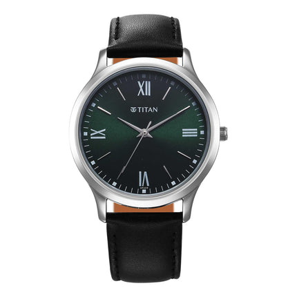Titan Karishma Quartz Analog Green Dial Leather Strap Watch for Men-1825SL16