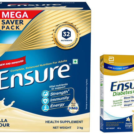 Ensure Complete & Balanced Nutrition Drink For Adults 2kg, Vanilla Flavour & Ensure Diabetes Care Nutrition to Help Control Blood Sugar Levels- Vanilla 400g Box 