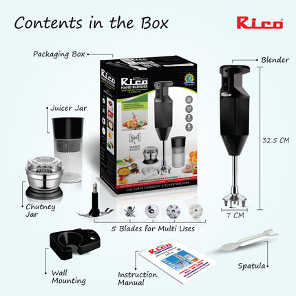 Rico Heavy Duty Portable Hand Blender For Kitchen | 2 Years Replacement Warranty | 5 Blades for Making Juice, Chutney, Smoothie, Whipping & Chopper for Easy Cutting | Non Seed Crushing Juicer Blade 