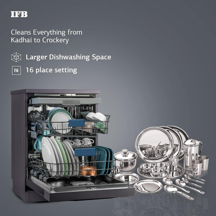 IFB 16 Place Setting Dishwasher with Ion Technology, Auto Programs, (Neptune VX16, 70 Degree Hot Water Wash, Hygienic Steam Drying, with Extra Third Rack, Inox Grey) 
