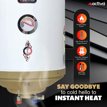 Activa 15L Water Heater Geyser with Temperature Meter, 2 KVA ISI Cooper Element, 0.75mm Anti Rust Coated Tank, ABS Body, BEE 5 Start Rated, Adjustable Thermostat, Free Instalation Kit, 5 Year Warranty 