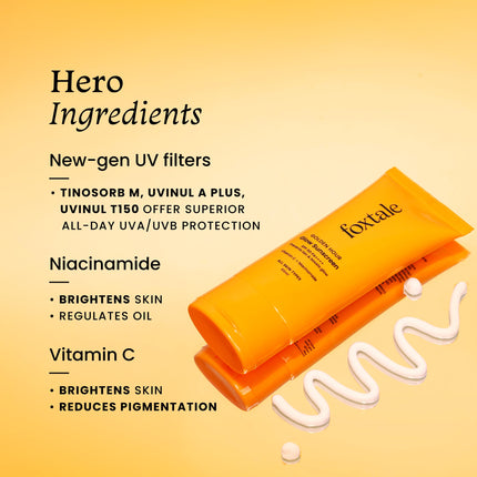 Foxtale SPF 50 Vitamin C Glow Sunscreen with PA++++ & Niacinamide | Lightweight | Fast Absorbing | UVA and UVB Filters | Prevents Tanning | No White Cast | Non-Greasy | For Men & Women | All Skin Types | 50 Ml 