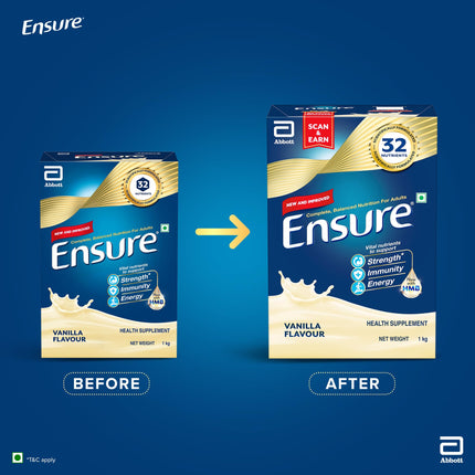 Ensure Complete, Balanced Nutrition Drink For Adults 1kg, Vanilla Flavour, Now With A Special Ingredient HMB And 32 Essential Nutrients To Help Build & Protect Muscle Strength (Pack of 2) 