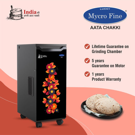 Lucky Mycrofine Eco Orange Flower Atta Chakki, Flour Mill 7 to 8KG Container Capacity Fully Automatic Domestic Ghar Ghanti for Grinding Masala and Grains, with Standard Accessories (0.75 Units/Hr) 