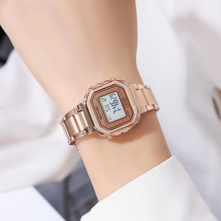 SKMEI New Launch Women's Digital Watch, White Dial Zinc Alloy Case Women's Watch, Stainless Steel Rose Gold Band, LED Display, Waterproof 30M, Alarm & Stopwatch, Fashion for Casual & Dress Wear - 2387
