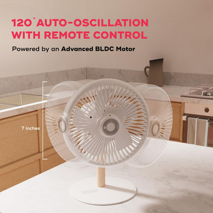 NUUK LIT v2 Cordless & Rechargeable 7 Inch Table Fan with Night Light & Remote Control | Auto Oscillation with 4 Wind Modes | BLDC Fan with Up To 17 Hour Run Time | Portable Table Fan for Home, Office 