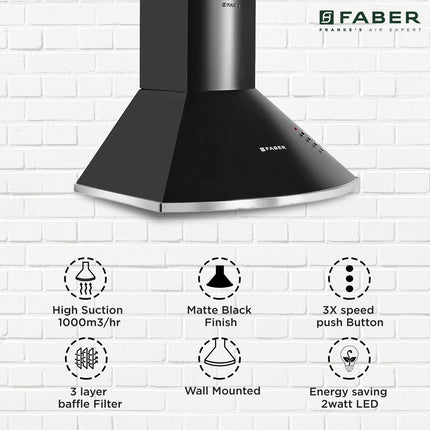 Faber 60 cm 1000 m³/HR Pyramid Kitchen Chimney || 12 year warranty on Motor|| Motor- 240 Watt (HOOD CLASS PRO PB BK LTW 60, Baffle Filters,Black) 