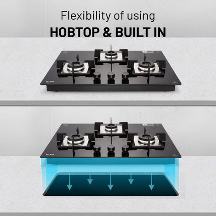 Glen Hob Top 3 Burner Built In Hob In Glass Hob Gas Stove 3 Burner Auto Ignition | 8 MM Toughened Glass | Italian Burner with Double Ring Flame Warranty 2 Years Standard (1073 SQ HT IN 70) 