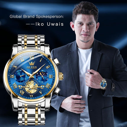 OLEVS Watches for Men Chronograph Business Blue Wrist Watches Analog Quartz Moon Phase Stainless Steel Waterproof Luminous Dress Watches 