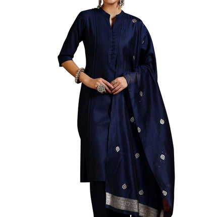 Libas Women's Silk Blend Kurta Set (39041_Navy Blue 
