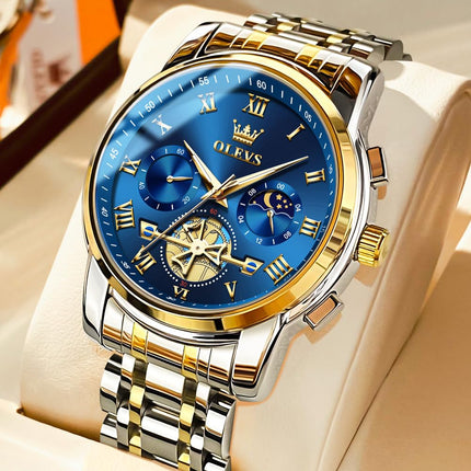 OLEVS chronograph Men's Stainless Steel Watch (Blue Dial Silver Colored Strap) 